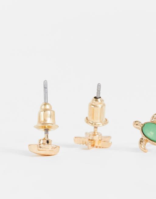 Pack de 4 pares de pendientes de botón dorados con diseños de fauna marina de ASOS DESIGN, 3 de 4