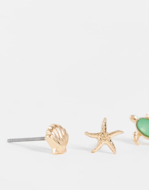 Pack de 4 pares de pendientes de botón dorados con diseños de fauna marina de ASOS DESIGN, 4 de 4