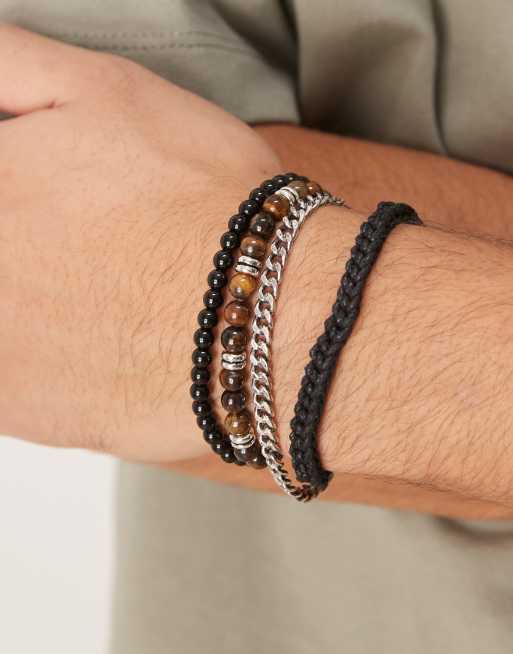 Pack de 4 pulseras de varios colores con cuentas semipreciosas de obsidiana y ojo de tigre de ASOS DESIGN