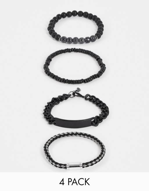 Pack de 4 pulseras en tonos negros cuentas tejido de ASOS | ASOS
