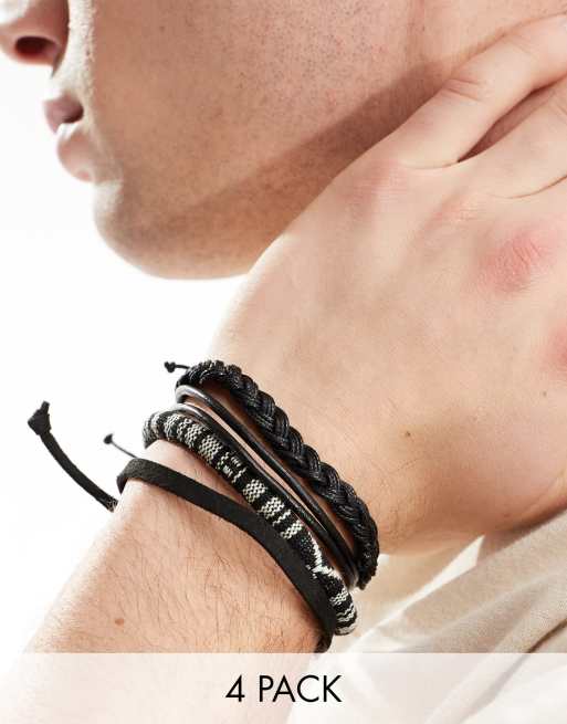 Pack de 4 pulseras monocromáticas de cuero y de tejido de ASOS DESIGN 