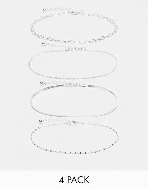 Pack de 4 tobilleras plateadas con diseños de cadenas de ASOS DESIGN