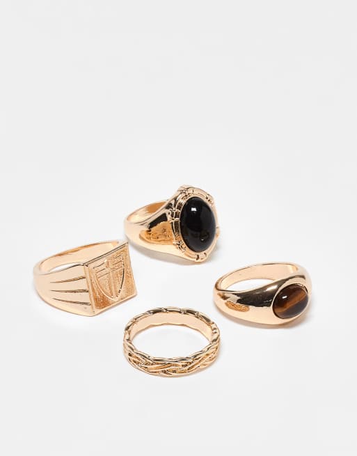 Pack de 4 anillos dorados tipo sello con ojo de tigre y ónice de imitación de ASOS DESIGN