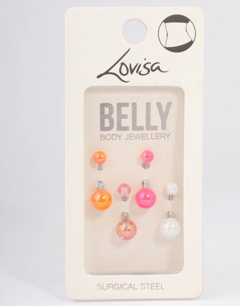 Pack de 4 anillos para el ombligo con detalles acrílicos de varios colores de acero quirúrgico de Lovisa - view 1