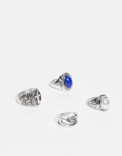 Pack de 4 anillos plateado pulido unisex de estilo grunge con piedra azul de imitación de Reclaimed Vintage - view 1