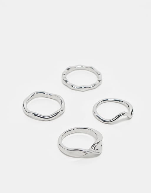 Pack de 4 anillos plateados con diseños finos efecto fundido de ASOS DESIGN