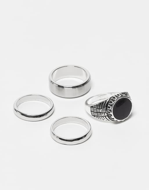 Pack de 4 anillos plateados tipo sello con esmalte negro de ASOS DESIGN