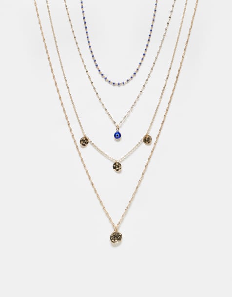 Pack de 4 collares dorados con detalle de discos y charm de ojo de ASOS DESIGN - view 1
