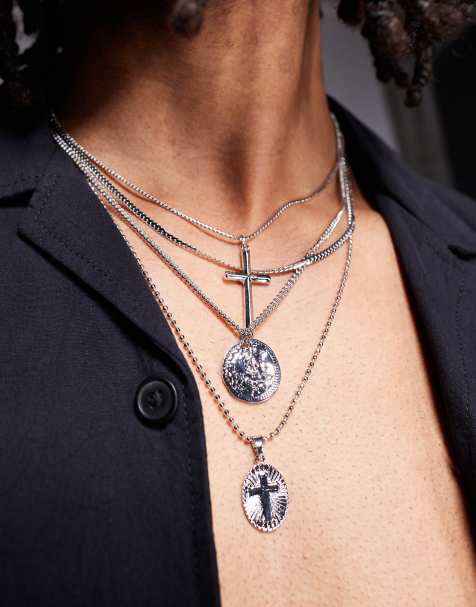 Pack de 4 collares plateados con colgante de moneda y cruz de ASOS DESIGN - view 1
