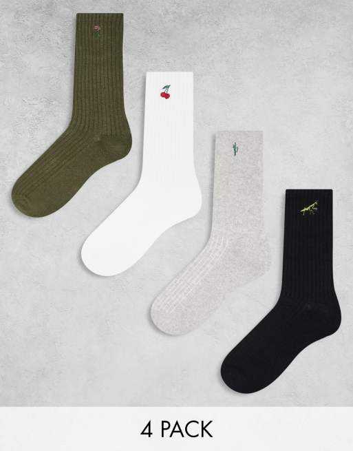 Pack de 4 pares de calcetines para zapatillas de deporte de color gris blanco y verde con detalles bordados de Hollister ASOS