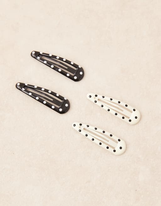 Pack de 4 pasadores para el cabello negros y blancos con diseño de lunares de DesignB London, 2 de 4