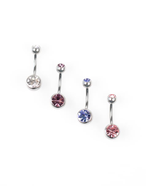 Pack de 4 piercings para el ombligo plateados de acero quirúrgico con piedras variadas de Lovisa - view 1