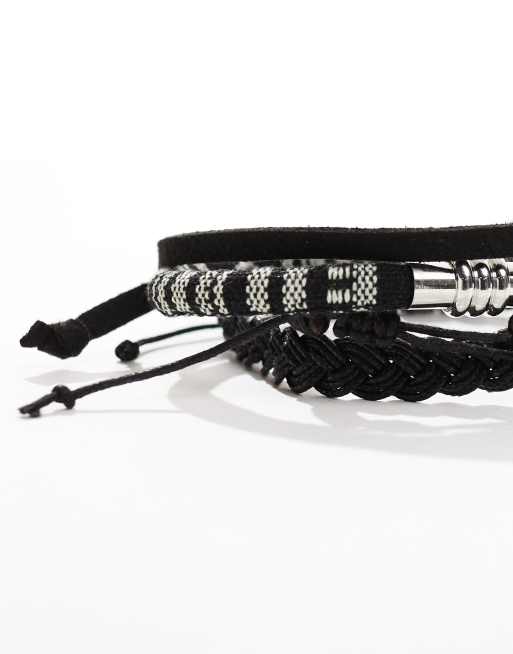 Pack de 4 pulseras monocromáticas de cuero y de tejido de ASOS DESIGN, 2 de 4