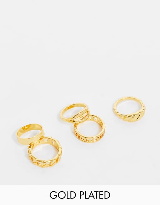 Pack de 5 anillos con diseños minimalistas y de números romanos chapados en oro de 14 quilates de ASOS DESIGN