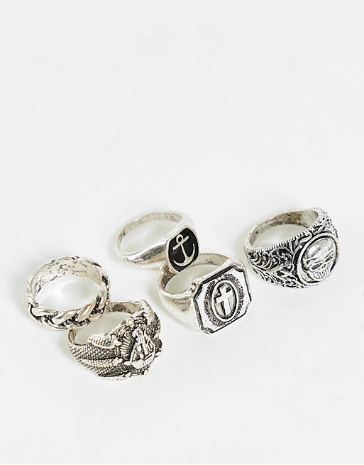 Hombre Other | Pack de 5 anillos plateados tipo sello con diseños variados de ASOS DESIGN - PS63581