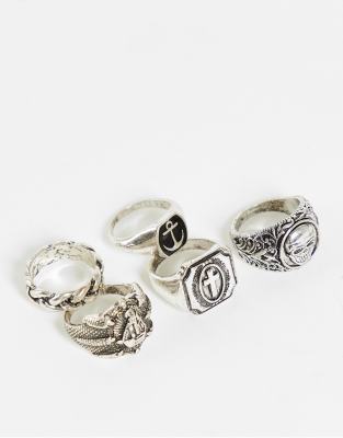Pack de 5 anillos plateados tipo sello con diseños variados de ASOS DESIGN