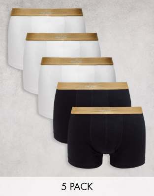 Pack de 5 calzoncillos de color negro y blanco con cinturillas doradas y logo Dark Future de punto de ASOS DESIGN 