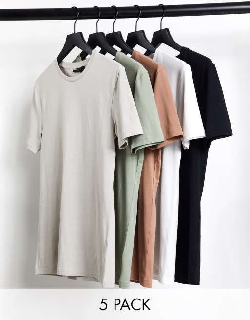 Pack de 5 camisetas ajustadas de varios colores con cuello redondo de ASOS DESIGN
