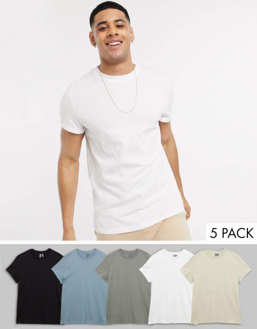 Pack de 5 camisetas con cuello redondo y mangas remangadas de ASOS DESIGN