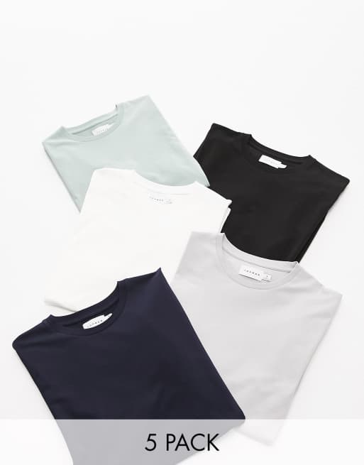 Pack de 5 camisetas de color negro, blanco, azul marino, gris y verde salvia de corte clásico de Topman
