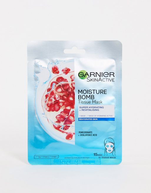 Pack de 5 mascarillas de lámina hidratantes para pieles deshidratadas con granada Moisture Bomb de Garnier, 4 de 4