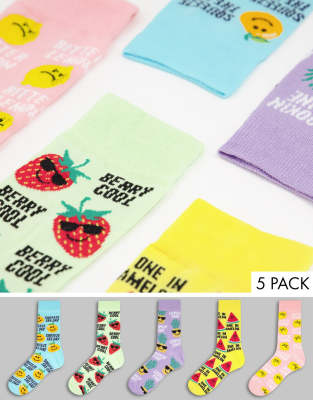 Pack de 5 pares de calcetines de varios colores con estampado de frutas de New Look