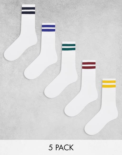 Pack de 5 pares de calcetines deportivos de color blanco con rayas de colores de Jack & Jones