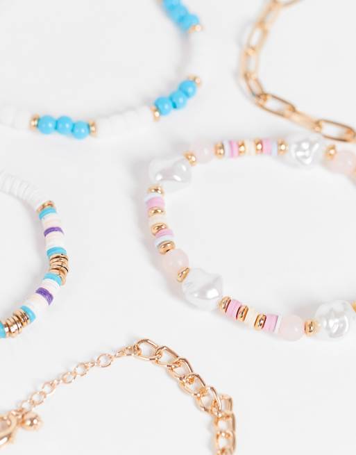 Pack de 5 pulseras con diseño de cadena de cadena y cuentas de colores pastel variados de ASOS DESIGN, 4 de 4