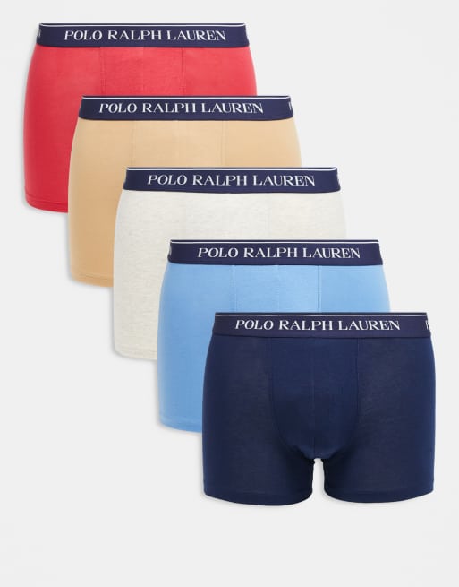 Pack de 5 calzoncillos clásicos de color azul, rojo, camel y azul marino con logo en la cinturilla de Polo Ralph Lauren