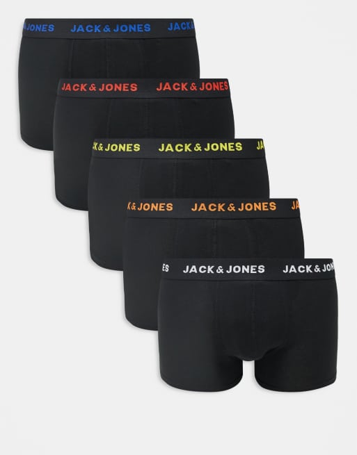 Pack de 5 calzoncillos de colores negros variados con cinturilla en contraste de Jack & Jones