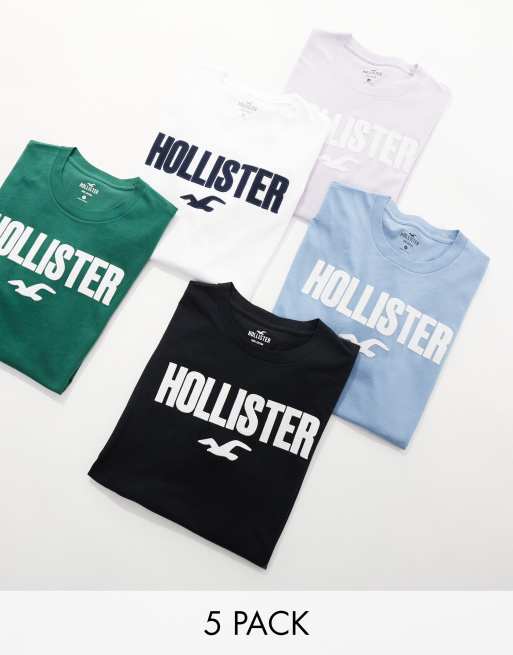 Pack de 5 camisetas de color blanco, lila, azul, verde y negro con logo grande de Hollister