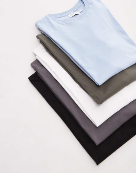 Pack de 5 camisetas de color negro, blanco, gris, caqui y azul claro de corte clásico de Topman - view 1