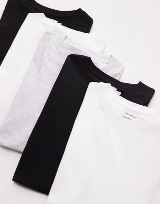 Pack de 5 camisetas de color negro, blanco y gris hielo jaspeado de corte clásico de Topman