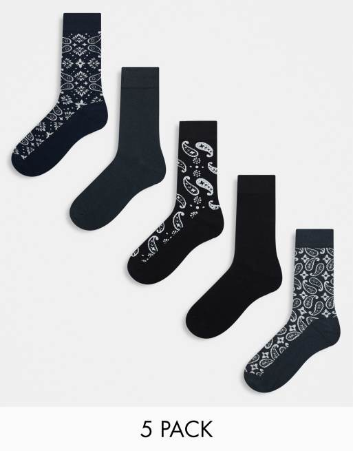Pack de 5 pares de calcetines azul marino y grises con estampado de cachemir de Jack & Jones 