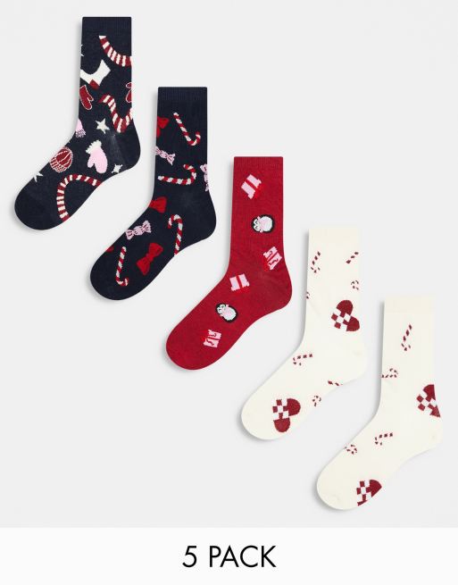 Pack de 5 pares de calcetines de color azul marino, rojo y beis con estampados de Navidad de Monki