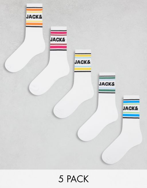 Pack de 5 pares de calcetines deportivos blancos con detalles de colores de Jack & Jones 