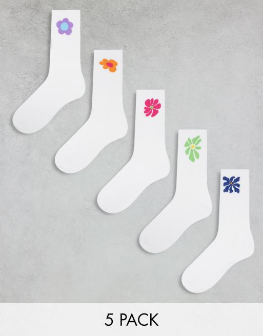 Pack de 5 pares de calcetines deportivos blancos con estampados florales de Jack & Jones 