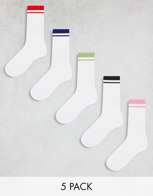  Pack de 5 pares de calcetines deportivos de color blanco con rayas azul marino, rojas, marrones, moradas y verdes de ASOS DESIGN