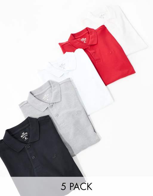 Pack de 5 polos de color blanco, gris, negro, azul y rojo con logo de piqué Icon de Hollister