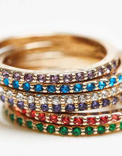 Pack de 6 anillos apilables con diseño de cristales multicolores de Topshop 
