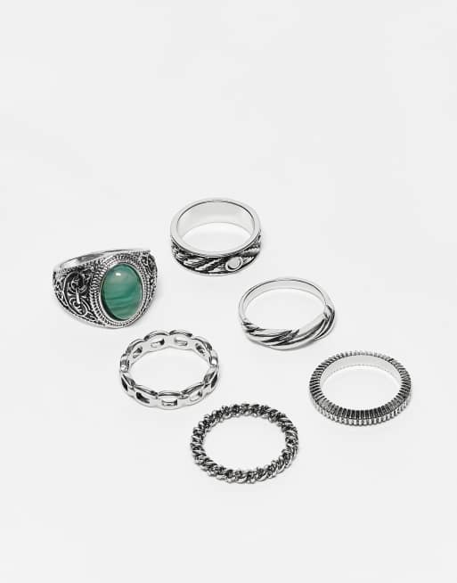 Pack de 6 anillos plateados con diseño tipo sello, de cadena y con jade de imitación de ASOS DESIGN  