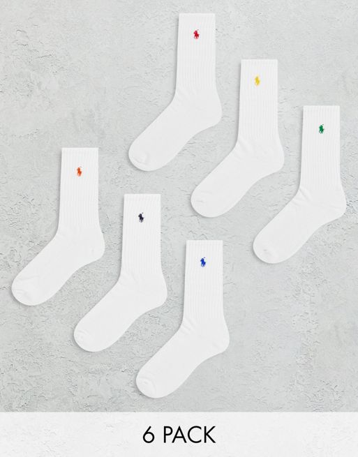 Pack de 6 pares de calcetines deportivos blancos con logo de pony multicolor de Polo Ralph Lauren