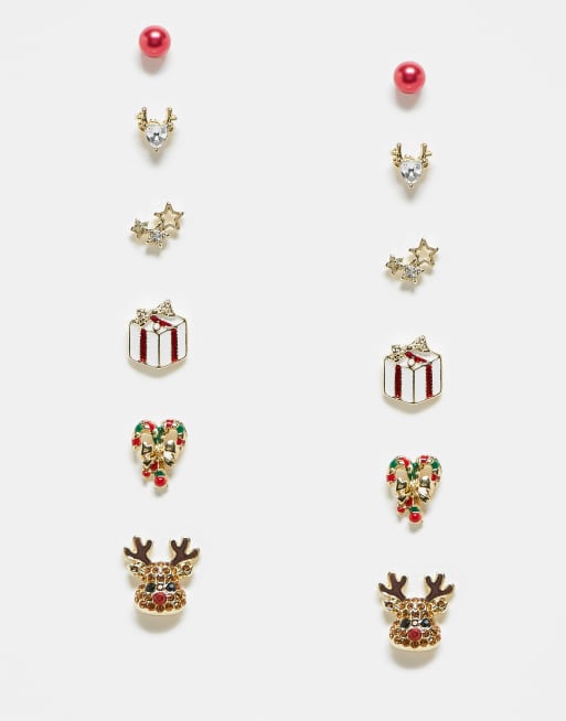 Pack de 6 pares de pendientes de botón de varios colores con diseños de Navidad de renos de PIECES