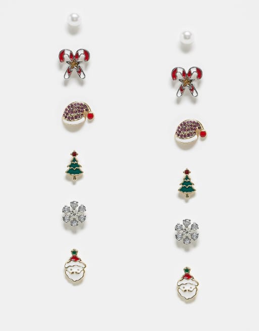 Pack de 6 pares de pendientes de botón de varios colores con diseños navideños de Papá Noel de PIECES