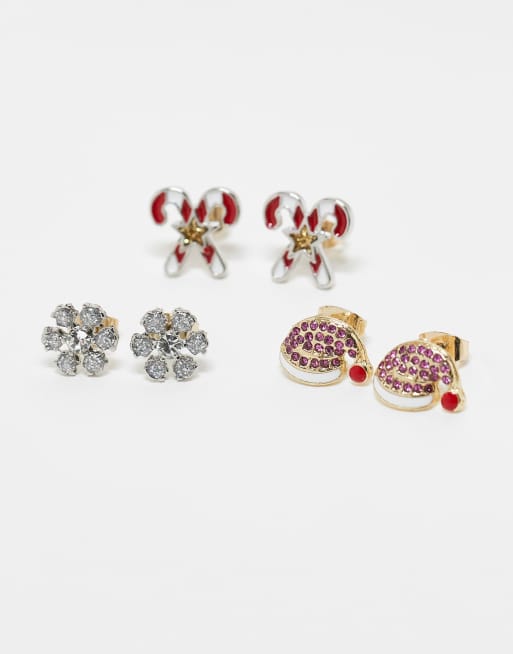 Pack de 6 pares de pendientes de botón de varios colores con diseños navideños de Papá Noel de PIECES, 2 de 4