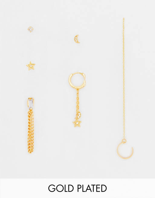 Pack de 6 pendientes con diseño variados celestiales con cristales chapados en oro de 14 quilates de ASOS DESIGN