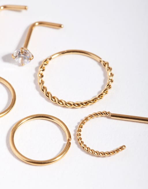 Pack de 6 pendientes para la nariz dorados con diseños de sol, retorcido y de strass de acero quirúrgico de Lovisa, 2 de 3