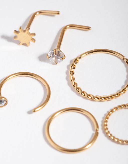 Pack de 6 pendientes para la nariz dorados con diseños de sol, retorcido y de strass de acero quirúrgico de Lovisa, 3 de 3