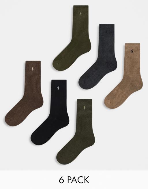 Pack de 6 pares de calcetines deportivos de color marrón, caqui, beis y gris con logo de caballo de algodón de Polo Ralph Lauren