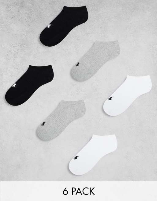 Pack de 6 pares de calcetines invisibles de color negro, blanco y gris con logo de Polo Ralph Lauren